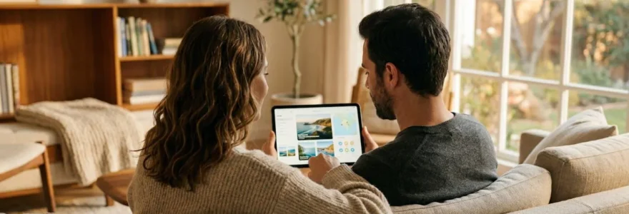 Un couple assis dans un salon moderne consulte une tablette ensemble, vue par-dessus l'épaule, ambiance chaleureuse et lumineuse