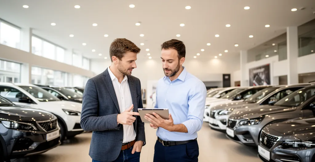 Client discutant budget voiture avec conseiller automobile en concession