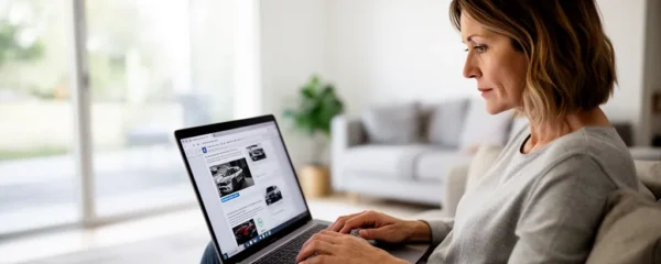 Femme consultant des annonces de voiture occasion sur ordinateur portable