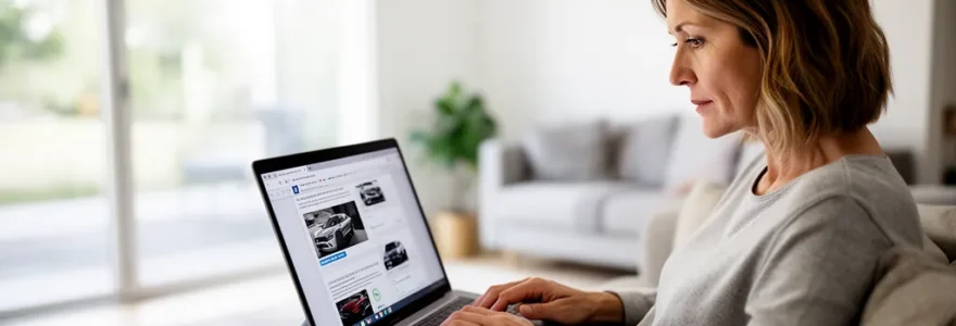 Femme consultant des annonces de voiture occasion sur ordinateur portable