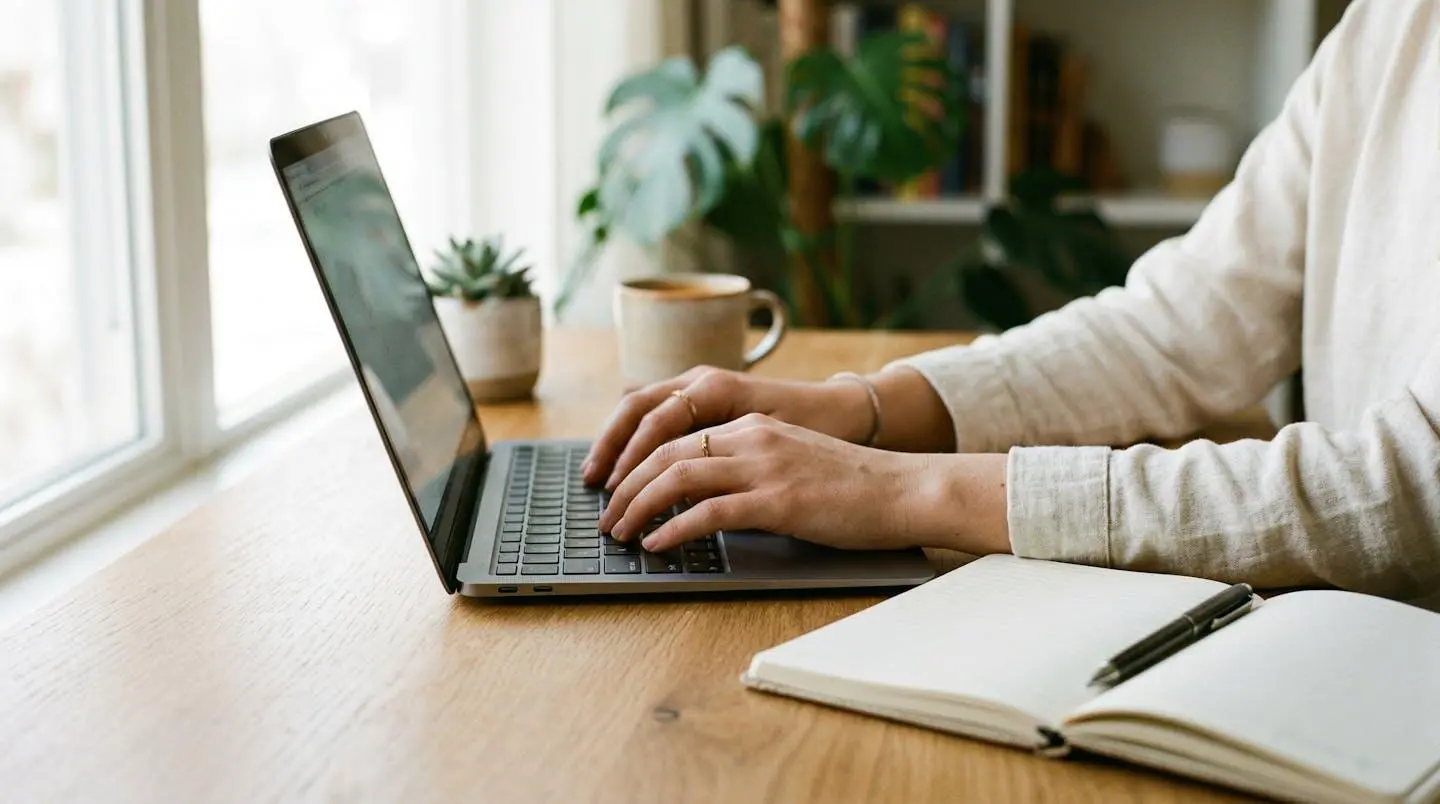 Mains d'une femme tapant sur un clavier d'ordinateur portable avec un carnet ouvert à côté, bureau à domicile épuré et lumineux