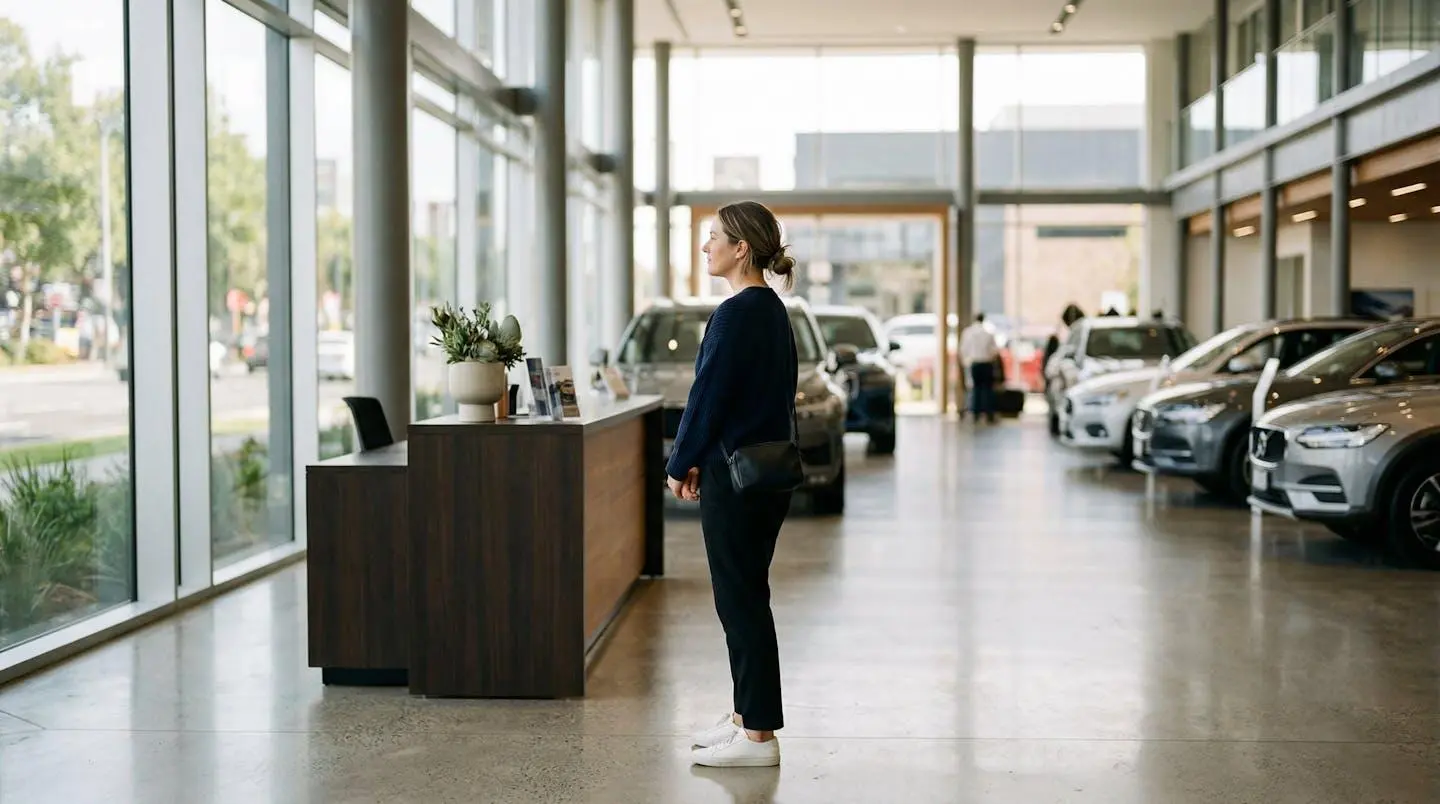 Une personne vue de profil dans une concession automobile moderne avec de grandes baies vitrées, véhicules floutés en arrière-plan