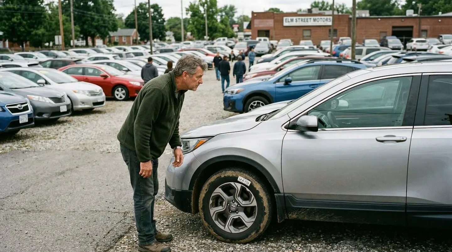 Une personne de profil observe attentivement un véhicule garé parmi d'autres dans un parking de concession automobile