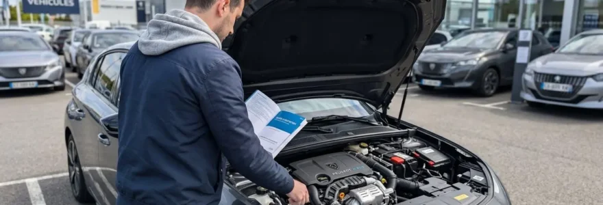 Un homme de dos examine le compartiment moteur d'une berline moderne grise sur un parking de concession automobile ensoleillé