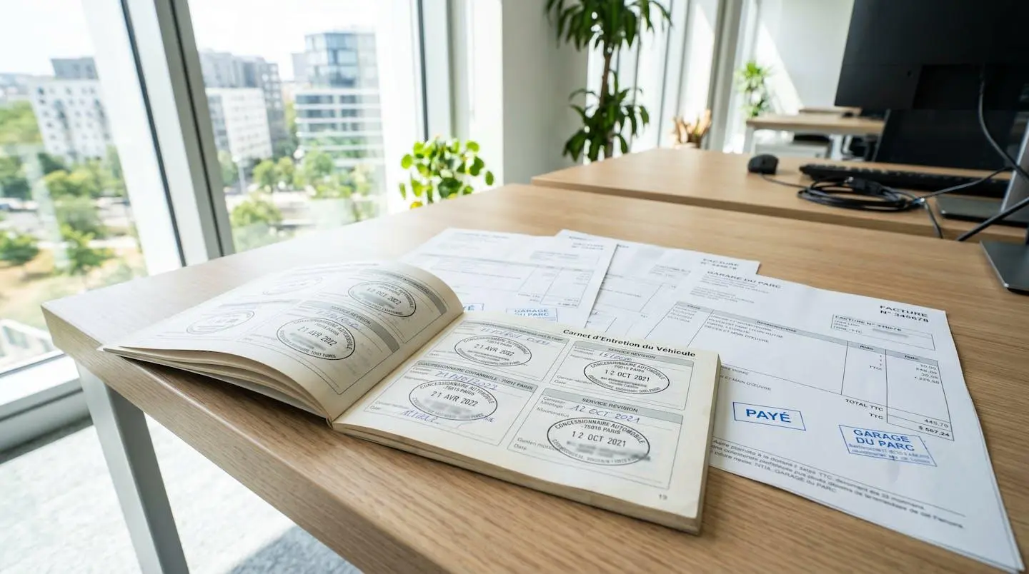 Carnet d'entretien automobile ouvert sur un bureau moderne lumineux avec tampons de révision visibles et factures de garage disposées à côté