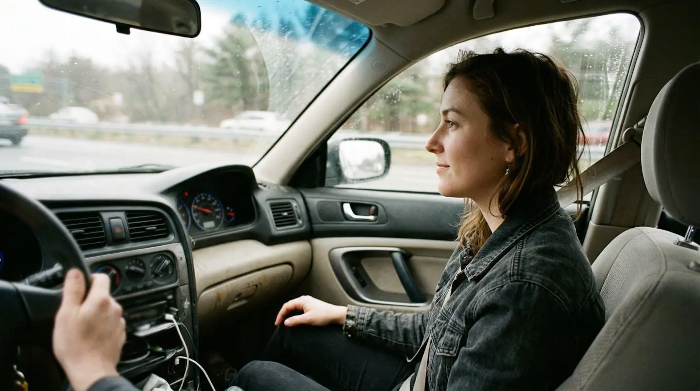 Une personne vue de profil regarde l'écran d'information d'une voiture depuis le siège conducteur, lumière naturelle traversant le pare-brise