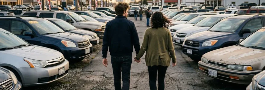 Un couple vu de dos se promène entre des rangées de véhicules d'occasion garés dans un parking de concession, en fin de journée