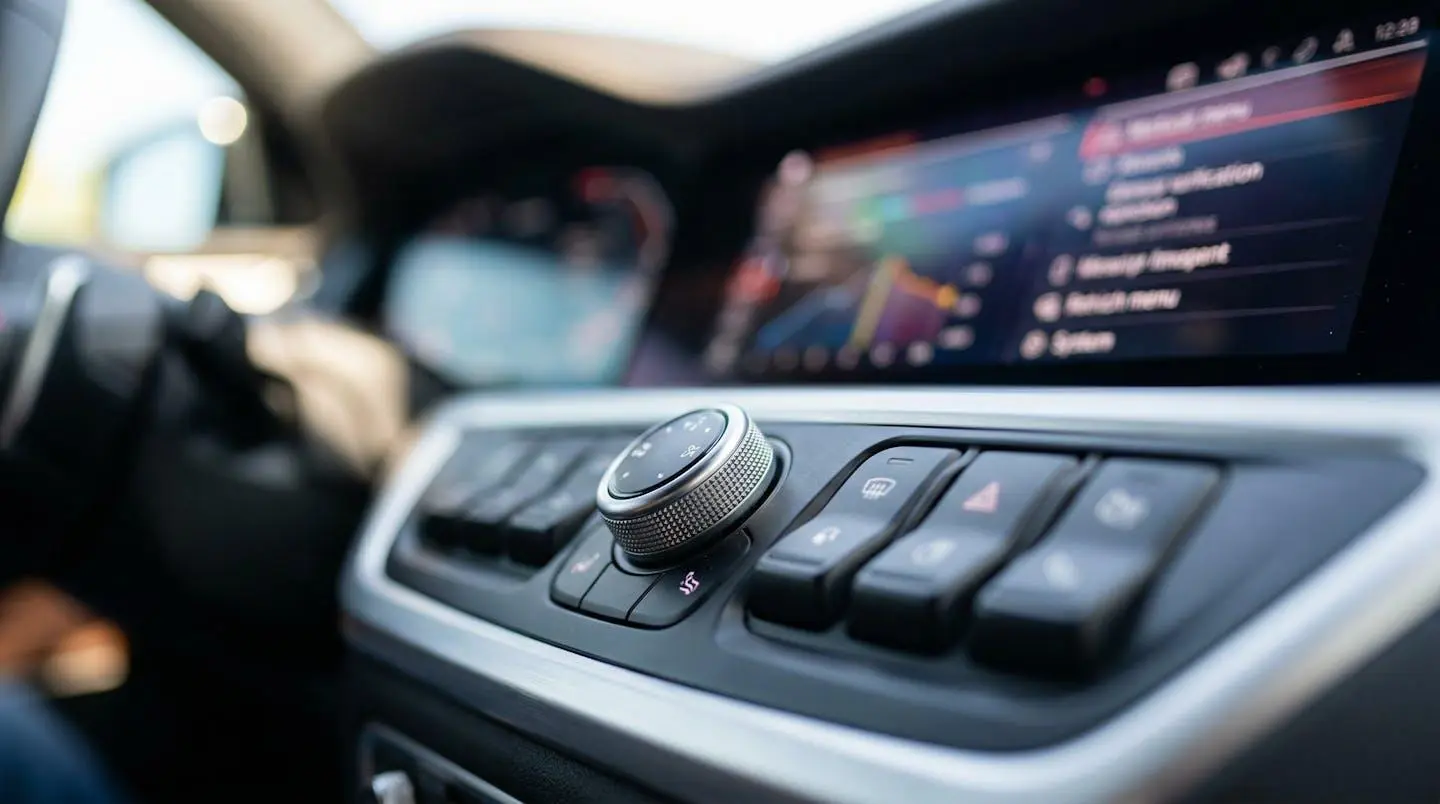 Extreme close-up d'un tableau de bord moderne montrant un écran tactile et des commandes électroniques avec mise au point sélective sur les détails