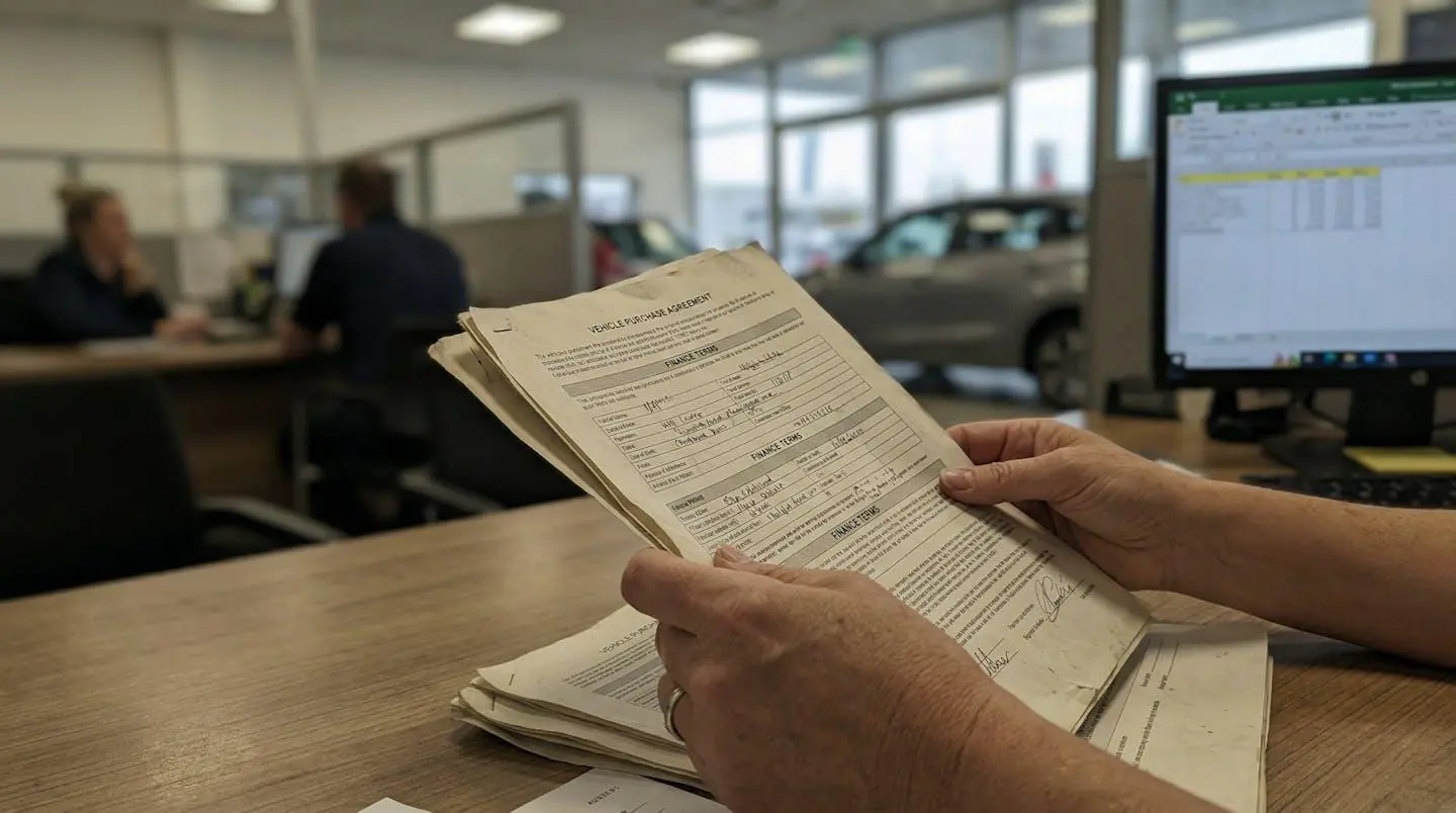 Une main tient une fiche technique de véhicule dans un bureau de concession, avec un arrière-plan flouté montrant des documents administratifs