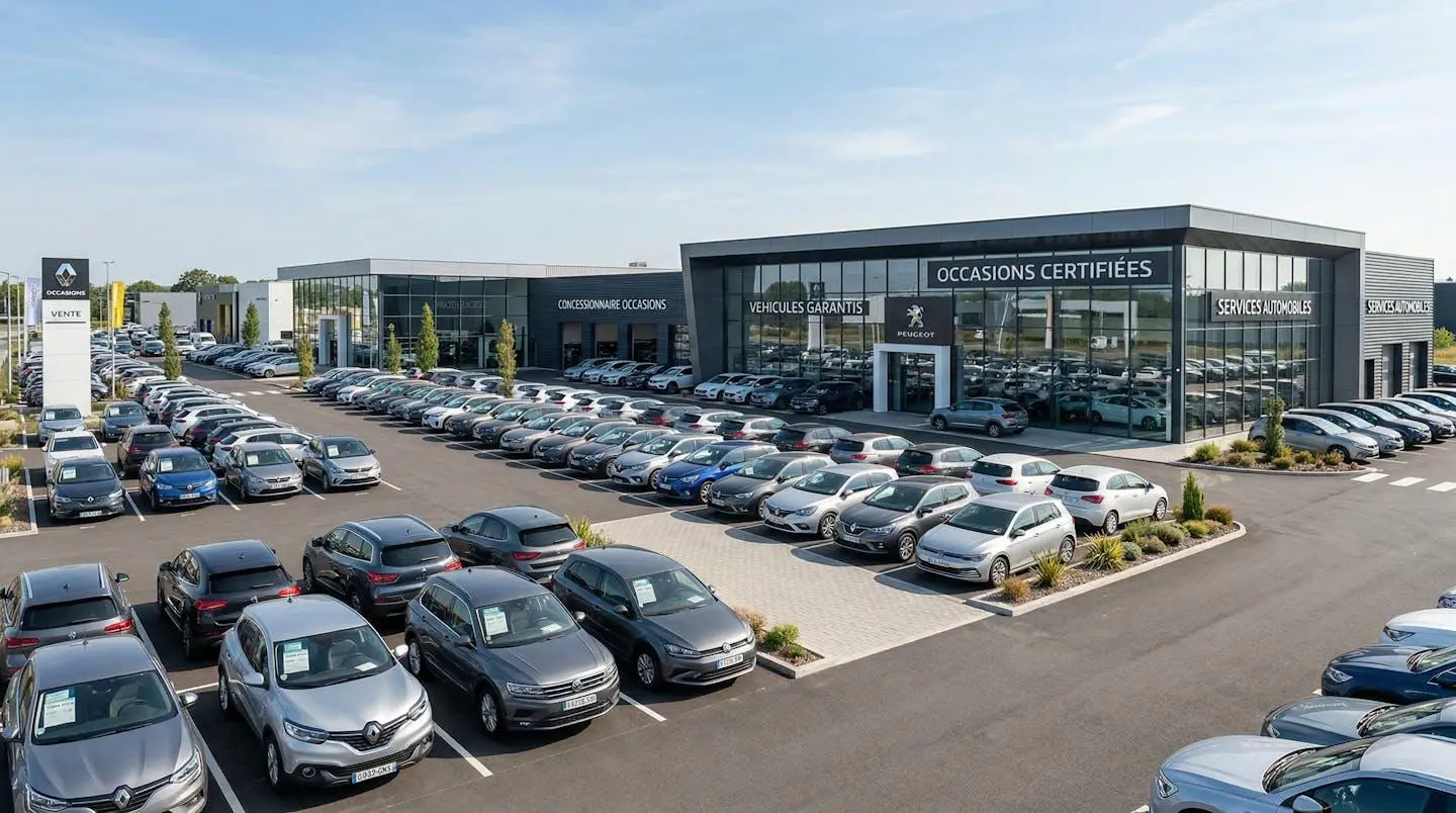 Vue grand angle d'un parc automobile de concession moderne avec plusieurs voitures d'occasion alignées sous la lumière naturelle du jour
