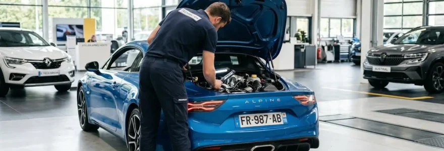 Une personne vue de dos inspecte le compartiment moteur d'une berline moderne dans un environnement lumineux de concession automobile