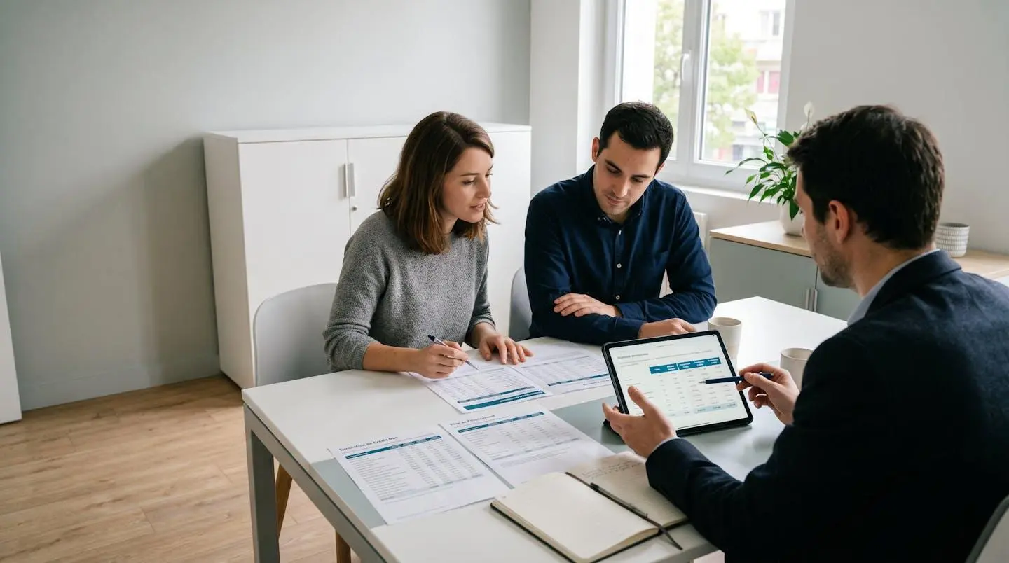 Couple trentenaire consultant un conseiller financier dans un bureau contemporain, documents de simulation de leasing automobile sur la table, tablette numérique visible